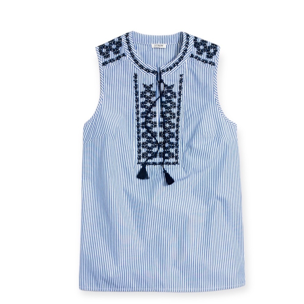 J. Crew Blue and Navy Striped Embroidered Sleeveless Top